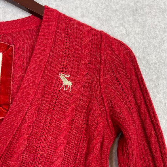VTG Abercrombie & Fitch Red Y2K V Neck Cable Knit Sweater Size Medium - Picture 4 of 9